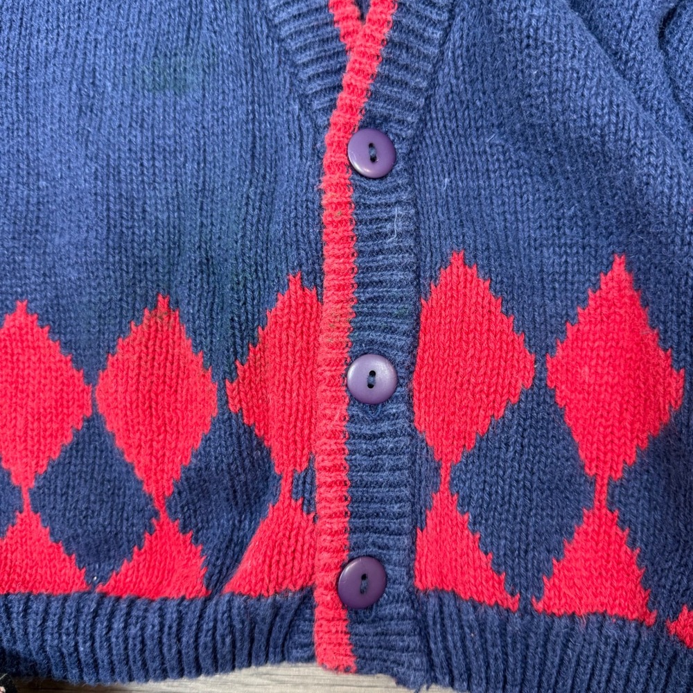 Vintage Kids Navy Argyle Knit Cardigan Red Trim Bon Voyage Crest Patch Size 4 - Picture 13 of 14